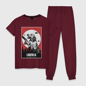 Женская пижама хлопок с принтом Лабзилла в Белгороде, 100% хлопок | брюки и футболка прямого кроя, без карманов, на брюках мягкая резинка на поясе и по низу штанин | вертолеты | годзилла | лабрадор | пес | постер | собака | собачник | фильм | щенок