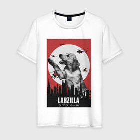 Мужская футболка хлопок с принтом Лабзилла в Белгороде, 100% хлопок | прямой крой, круглый вырез горловины, длина до линии бедер, слегка спущенное плечо. | вертолеты | годзилла | лабрадор | пес | постер | собака | собачник | фильм | щенок