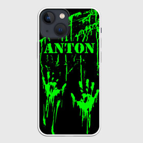 Чехол для iPhone 13 mini с принтом Антон в Белгороде,  |  | антон | антонка | антоха | антоша | брызги | грязная | зеленая | имена | именная | имя | капли | кислотная | краска | лапа | надпись | отпечаток | пандемия | подпись | подтеки | растекшаяся | руки