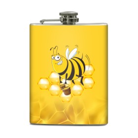 Фляга с принтом Лето. Пчелы. Мед в Белгороде, металлический корпус | емкость 0,22 л, размер 125 х 94 мм. Виниловая наклейка запечатывается полностью | лето | мед | насекомые | пчела | соты | улей