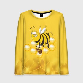 Женский лонгслив 3D с принтом Лето. Пчелы. Мед в Белгороде, 100% полиэстер | длинные рукава, круглый вырез горловины, полуприлегающий силуэт | лето | мед | насекомые | пчела | соты | улей