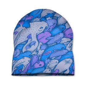 Шапка 3D с принтом косяк рыб крупно рисунок в Белгороде, 100% полиэстер | универсальный размер, печать по всей поверхности изделия | арт | косяк | много | морские жители | морской | подводный мир | рисунок | рыбки | рыбы | синий | фиолетовый