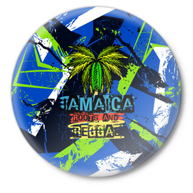 Значок с принтом Jamaica Roots and reggae в Белгороде,  металл | круглая форма, металлическая застежка в виде булавки | jamaica | reggae | roots | летняя | лето | надпись | пальма | раста | регги | рэгги | текст | фраза | ямайка