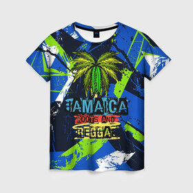 Женская футболка 3D с принтом Jamaica Roots and reggae в Белгороде, 100% полиэфир ( синтетическое хлопкоподобное полотно) | прямой крой, круглый вырез горловины, длина до линии бедер | jamaica | reggae | roots | летняя | лето | надпись | пальма | раста | регги | рэгги | текст | фраза | ямайка