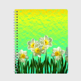 Тетрадь с принтом Солнечные Нарциссы в Белгороде, 100% бумага | 48 листов, плотность листов — 60 г/м2, плотность картонной обложки — 250 г/м2. Листы скреплены сбоку удобной пружинной спиралью. Уголки страниц и обложки скругленные. Цвет линий — светло-серый
 | flowers | nature | summer | sun | бутоны | зелень | кислотный | краски | лазурный | лепестки | летний | лето | листья | нарцисс | нарциссы | неоновый | поле | природа | растения | ромашки | сад | солнечный | солнце
