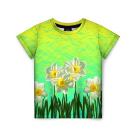 Детская футболка 3D с принтом Солнечные Нарциссы в Белгороде, 100% гипоаллергенный полиэфир | прямой крой, круглый вырез горловины, длина до линии бедер, чуть спущенное плечо, ткань немного тянется | flowers | nature | summer | sun | бутоны | зелень | кислотный | краски | лазурный | лепестки | летний | лето | листья | нарцисс | нарциссы | неоновый | поле | природа | растения | ромашки | сад | солнечный | солнце