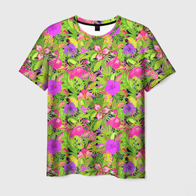 Мужская футболка 3D с принтом Flamingo | Tropical в Белгороде, 100% полиэфир | прямой крой, круглый вырез горловины, длина до линии бедер | Тематика изображения на принте: flamingo | flamingos | flower | flowers | neon | pink | rose | summer | девочке | девушке | красивая | летняя | неон | парню | подарок | прикольная | приятная | роза | розовая | стильная | текстура | тропики | фламинго | цветок