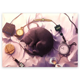 Поздравительная открытка с принтом 9 жизней кота в Белгороде, 100% бумага | плотность бумаги 280 г/м2, матовая, на обратной стороне линовка и место для марки
 | Тематика изображения на принте: 9 жизней | время | девять жизней | клубок | кот | кошка | часы | черный котик