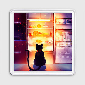 Магнит 55*55 с принтом Черный кот холодильник ночь в Белгороде, Пластик | Размер: 65*65 мм; Размер печати: 55*55 мм | арт | вкусняшки | ночной дожор | ночь | преступление | рисунок | холодильник | черный кот