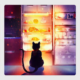Магнитный плакат 3Х3 с принтом Черный кот холодильник ночь в Белгороде, Полимерный материал с магнитным слоем | 9 деталей размером 9*9 см | арт | вкусняшки | ночной дожор | ночь | преступление | рисунок | холодильник | черный кот