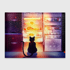 Обложка для студенческого билета с принтом Черный кот холодильник ночь в Белгороде, натуральная кожа | Размер: 11*8 см; Печать на всей внешней стороне | арт | вкусняшки | ночной дожор | ночь | преступление | рисунок | холодильник | черный кот