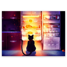 Поздравительная открытка с принтом Черный кот холодильник ночь в Белгороде, 100% бумага | плотность бумаги 280 г/м2, матовая, на обратной стороне линовка и место для марки
 | арт | вкусняшки | ночной дожор | ночь | преступление | рисунок | холодильник | черный кот
