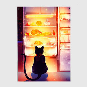 Постер с принтом Черный кот холодильник ночь в Белгороде, 100% бумага
 | бумага, плотность 150 мг. Матовая, но за счет высокого коэффициента гладкости имеет небольшой блеск и дает на свету блики, но в отличии от глянцевой бумаги не покрыта лаком | арт | вкусняшки | ночной дожор | ночь | преступление | рисунок | холодильник | черный кот