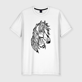 Мужская футболка хлопок Slim с принтом Конь Art в Белгороде, 92% хлопок, 8% лайкра | приталенный силуэт, круглый вырез ворота, длина до линии бедра, короткий рукав | black | casual | cowboy | horse | арт | голова | грива | дикие | единорог | жеребец | животные | звери | кобыла | ковбой | конь | краски | лошадка | лошадь | мерин | мустанг | парнокопытные | пегас | пони | рисунок