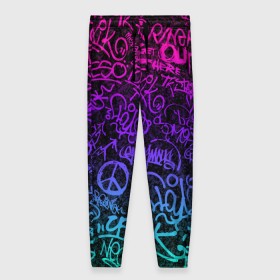 Женские брюки 3D с принтом Граффити Neon в Белгороде, полиэстер 100% | прямой крой, два кармана без застежек по бокам, с мягкой трикотажной резинкой на поясе и по низу штанин. В поясе для дополнительного комфорта — широкие завязки | blue | cyberpunk | drawing | graffiti | lettering | neon | paint | purple | text | брызги | граффити | киберпанк | краска | надписи | неон | рисунок | синий | текст | фиолетовый