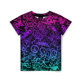 Детская футболка 3D с принтом Граффити Neon в Белгороде, 100% гипоаллергенный полиэфир | прямой крой, круглый вырез горловины, длина до линии бедер, чуть спущенное плечо, ткань немного тянется | Тематика изображения на принте: blue | cyberpunk | drawing | graffiti | lettering | neon | paint | purple | text | брызги | граффити | киберпанк | краска | надписи | неон | рисунок | синий | текст | фиолетовый