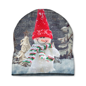 Шапка 3D с принтом Снеговик, Новогодняя в Белгороде, 100% полиэстер | универсальный размер, печать по всей поверхности изделия | ёлки | красный | новый год | снег | снеговик