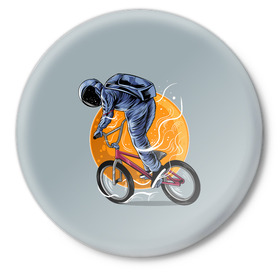 Значок с принтом Космический велосипедист (Z) в Белгороде,  металл | круглая форма, металлическая застежка в виде булавки | bicycle | bicyclist | bike | biker | bmx | cycle | galaxy | moon | rider | space | stars | байкер | бмх | вело | велогонщик | велосепедист | велосипед | велоспорт | гонщик | космос | луна