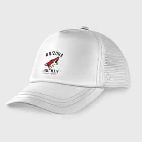 Детская кепка тракер с принтом ARIZONA COYOTES в Белгороде, Козырек - 100% хлопок. Кепка - 100% полиэстер, Задняя часть - сетка | универсальный размер, пластиковая застёжка | arizona | coyotes | game | hockey | nhl | usa | аризона | игра | койоты | нхл | спорт | сша | шайбу