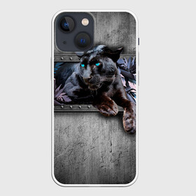 Чехол для iPhone 13 mini с принтом Пантера и цветы в Белгороде,  |  | 3д | 3д картина | 3дэ | голубые глаза | железо | животное | картина | кот | коты | кошка | метал | пантера | хищник | цветы | черная пантера