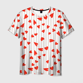 Мужская футболка 3D с принтом Просто сердечки в Белгороде, 100% полиэфир | прямой крой, круглый вырез горловины, длина до линии бедер | Тематика изображения на принте: heart | hearts | lines | red | в | забавные | красные | линии | любовь | полоску | полосы | прикольные | рисунки | сердечки | сердце