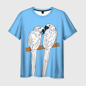 Мужская футболка 3D с принтом Белые попугаи в Белгороде, 100% полиэфир | прямой крой, круглый вырез горловины, длина до линии бедер | bird | parrot | tropical | wings | азия | ара | джунгли | дикие | животные | клюв | крылья | латинская | летние | лето | небесный | острова | отдых | пальмы | перья | попугаи | попугай | птица | птичка | райские | тропики