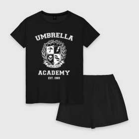 Женская пижама с шортиками хлопок с принтом Академия Амбрелла в Белгороде, 100% хлопок | футболка прямого кроя, шорты свободные с широкой мягкой резинкой | umbrella | umbrella academy | академия амбрелла | амбрелла | герб