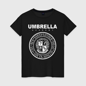 Женская футболка хлопок с принтом Академия Амбрелла в Белгороде, 100% хлопок | прямой крой, круглый вырез горловины, длина до линии бедер, слегка спущенное плечо | umbrella | umbrella academy | академия амбрелла | амбрелла | герб