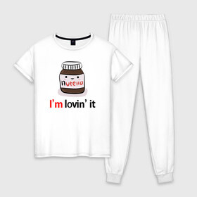 Женская пижама хлопок с принтом Nutella в Белгороде, 100% хлопок | брюки и футболка прямого кроя, без карманов, на брюках мягкая резинка на поясе и по низу штанин | nutella | вкусно | вкусняшка | любовь | нутелла | нутэлла | сладкое