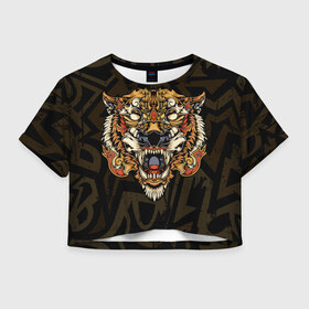 Женская футболка Crop-top 3D с принтом Тигровый стимпанк (Tiger) в Белгороде, 100% полиэстер | круглая горловина, длина футболки до линии талии, рукава с отворотами | барс | волк | детёныш | джунгли | енот | животное | злость | зубр | клыки | кот | лев | леопард | лес | листья | львица | медведь | монстр | оскал | охотник | пасть | полосы | пятнистая | рык | рычание | тигр
