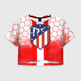 Женская футболка Crop-top 3D с принтом ATLETICO MADRID. в Белгороде, 100% полиэстер | круглая горловина, длина футболки до линии талии, рукава с отворотами | atletico madrid | fc | football | football club | sport | атлетико мадрид | испанский футбольный клуб | мадрид | спорт | уефа | униформа | фирменные цвета | фк | футбол | футбольный клуб