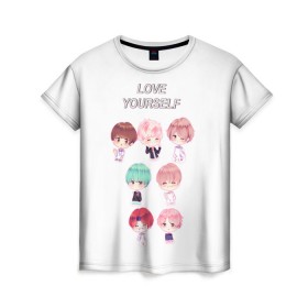 Женская футболка 3D с принтом BTS Love Yourself в Белгороде, 100% полиэфир ( синтетическое хлопкоподобное полотно) | прямой крой, круглый вырез горловины, длина до линии бедер | bts | k pop | love | love yourself | битиес