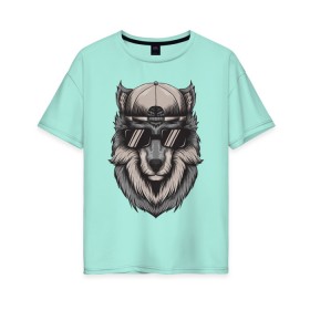 Женская футболка хлопок Oversize с принтом Волк в очках в Белгороде, 100% хлопок | свободный крой, круглый ворот, спущенный рукав, длина до линии бедер
 | wolf | волк | волк в кепке | волк в кепке и очках | волк в очках | голова волка | крутой волк