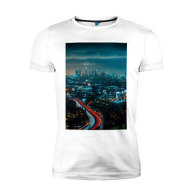 Мужская футболка хлопок Slim с принтом Ночной мегаполис в Белгороде, 92% хлопок, 8% лайкра | приталенный силуэт, круглый вырез ворота, длина до линии бедра, короткий рукав | город | небо. мегаполис | неон | ночь | огни