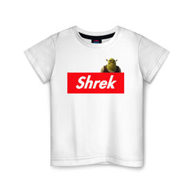 Детская футболка хлопок с принтом Shrek в Белгороде, 100% хлопок | круглый вырез горловины, полуприлегающий силуэт, длина до линии бедер | Тематика изображения на принте: shrek | shrek is life | мемы | огр кек | суприм | суприм лого | шрек