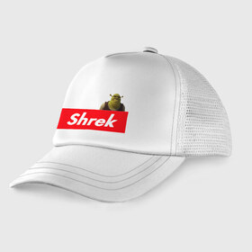 Детская кепка тракер с принтом Shrek в Белгороде, Козырек - 100% хлопок. Кепка - 100% полиэстер, Задняя часть - сетка | универсальный размер, пластиковая застёжка | Тематика изображения на принте: shrek | shrek is life | мемы | огр кек | суприм | суприм лого | шрек