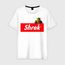 Мужская футболка хлопок с принтом Shrek в Белгороде, 100% хлопок | прямой крой, круглый вырез горловины, длина до линии бедер, слегка спущенное плечо. | Тематика изображения на принте: shrek | shrek is life | мемы | огр кек | суприм | суприм лого | шрек