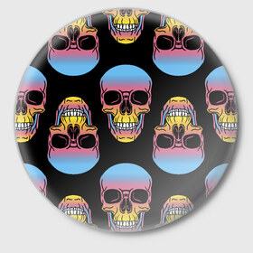 Значок с принтом Neon skull в Белгороде,  металл | круглая форма, металлическая застежка в виде булавки | color | grin | jaw | neon | skull | teeth | неон | оскал | пасть | цвет | череп