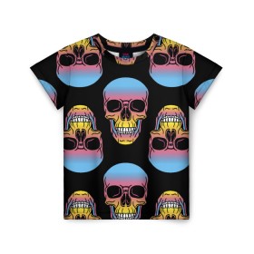 Детская футболка 3D с принтом Neon skull в Белгороде, 100% гипоаллергенный полиэфир | прямой крой, круглый вырез горловины, длина до линии бедер, чуть спущенное плечо, ткань немного тянется | color | grin | jaw | neon | skull | teeth | неон | оскал | пасть | цвет | череп