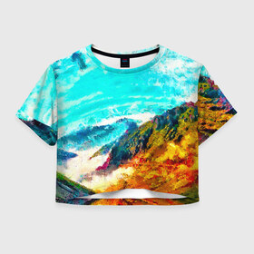 Женская футболка Crop-top 3D с принтом Японские горы в Белгороде, 100% полиэстер | круглая горловина, длина футболки до линии талии, рукава с отворотами | art | japan | summer | азия | акварель | восток | восход | горы | деревья | искусство | картина | краски | красочный | лес | летние | лето | мазки | небесный | облака | пейзаж | природа | разноцветные | рассвет