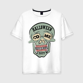 Женская футболка хлопок Oversize с принтом Retro в Белгороде, 100% хлопок | свободный крой, круглый ворот, спущенный рукав, длина до линии бедер
 | grin | halloween | jaw | party | retro | skull | teeth | вечеринка | зубы | оскал | пасть | ретро | хэллоуин | череп