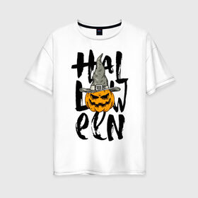 Женская футболка хлопок Oversize с принтом Halloween в Белгороде, 100% хлопок | свободный крой, круглый ворот, спущенный рукав, длина до линии бедер
 | eyes | halloween | hat | jaw | pumpkin | smile | глаза | пасть | тыква | улыбка | хэллоуин | шляпа