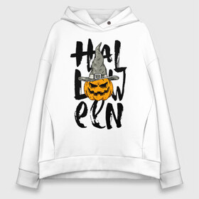 Женское худи Oversize хлопок с принтом Halloween в Белгороде, френч-терри — 70% хлопок, 30% полиэстер. Мягкий теплый начес внутри —100% хлопок | боковые карманы, эластичные манжеты и нижняя кромка, капюшон на магнитной кнопке | eyes | halloween | hat | jaw | pumpkin | smile | глаза | пасть | тыква | улыбка | хэллоуин | шляпа