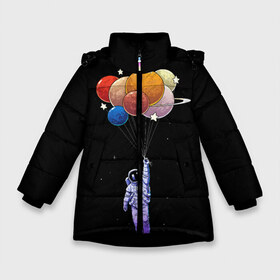 Зимняя куртка для девочек 3D с принтом Космонавт с воздушными шарами в Белгороде, ткань верха — 100% полиэстер; подклад — 100% полиэстер, утеплитель — 100% полиэстер. | длина ниже бедра, удлиненная спинка, воротник стойка и отстегивающийся капюшон. Есть боковые карманы с листочкой на кнопках, утяжки по низу изделия и внутренний карман на молнии. 

Предусмотрены светоотражающий принт на спинке, радужный светоотражающий элемент на пуллере молнии и на резинке для утяжки. | космонавт | космос | невесомость | планеты | шары