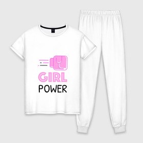 Женская пижама хлопок с принтом GRL PWR (Z) в Белгороде, 100% хлопок | брюки и футболка прямого кроя, без карманов, на брюках мягкая резинка на поясе и по низу штанин | emancipatio | feminism | girl power | girl to the power | mint juleps | spice girls | девичья сила | детерминизм | дискриминации женщин | кретинизм | неравенства полов | фемина | феминизация | феминизм | феминистка | феминность