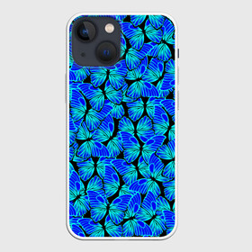 Чехол для iPhone 13 mini с принтом Голубые бабочки в Белгороде,  |  | angel | butterfly | pattern | summer | wings | ангел | бабочка | бабочки | животные | крылышки | крылья | летающие | летние | магия | махаон | мотылек | насекомые | небесные | неон | неоновые | паттерн | природа