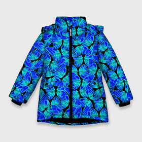 Зимняя куртка для девочек 3D с принтом Голубые бабочки в Белгороде, ткань верха — 100% полиэстер; подклад — 100% полиэстер, утеплитель — 100% полиэстер. | длина ниже бедра, удлиненная спинка, воротник стойка и отстегивающийся капюшон. Есть боковые карманы с листочкой на кнопках, утяжки по низу изделия и внутренний карман на молнии. 

Предусмотрены светоотражающий принт на спинке, радужный светоотражающий элемент на пуллере молнии и на резинке для утяжки. | Тематика изображения на принте: angel | butterfly | pattern | summer | wings | ангел | бабочка | бабочки | животные | крылышки | крылья | летающие | летние | магия | махаон | мотылек | насекомые | небесные | неон | неоновые | паттерн | природа