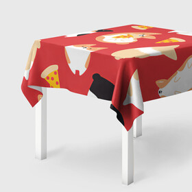 Скатерть 3D с принтом Корги и пицца в Белгороде, 100% полиэстер (ткань не мнется и не растягивается) | Размер: 150*150 см | Тематика изображения на принте: арт | валяния | игра | корги | пицца | рисунок | рыжий | собака | собаки | спина | чёрный