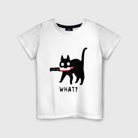Детская футболка хлопок с принтом WHAT & CAT в Белгороде, 100% хлопок | круглый вырез горловины, полуприлегающий силуэт, длина до линии бедер | Тематика изображения на принте: art | black | black cat | cat | dark | dark cat | what | what cat | what mem | арт | вопрос | интернет мем | кот | кот арт | кот мем | кошачье лицо | кошачья мордочка | мем | нож | прикол | прикольный кот | убица | чёрный | чёрный кот