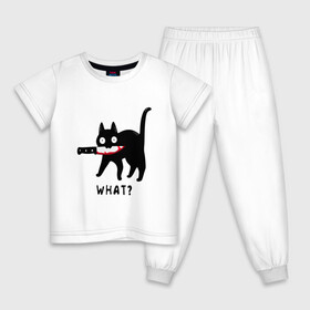 Детская пижама хлопок с принтом WHAT & CAT в Белгороде, 100% хлопок |  брюки и футболка прямого кроя, без карманов, на брюках мягкая резинка на поясе и по низу штанин
 | art | black | black cat | cat | dark | dark cat | what | what cat | what mem | арт | вопрос | интернет мем | кот | кот арт | кот мем | кошачье лицо | кошачья мордочка | мем | нож | прикол | прикольный кот | убица | чёрный | чёрный кот